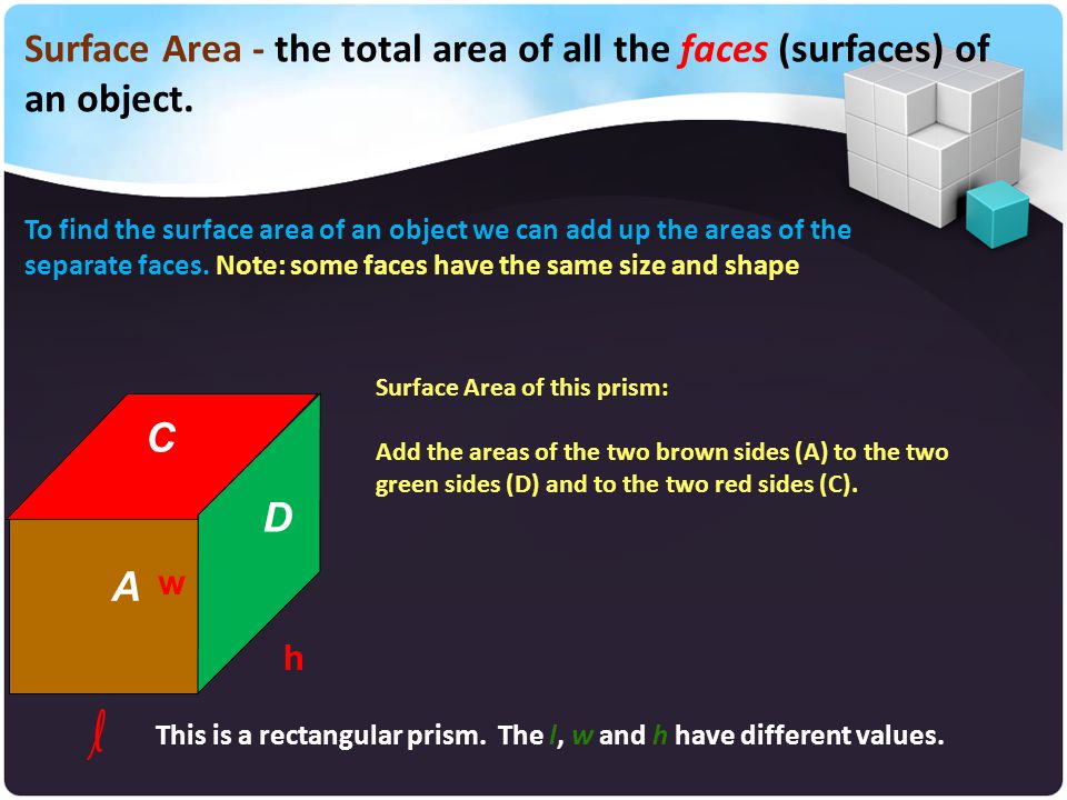 Surface Area - the total area of all the faces (surfaces) of an object.