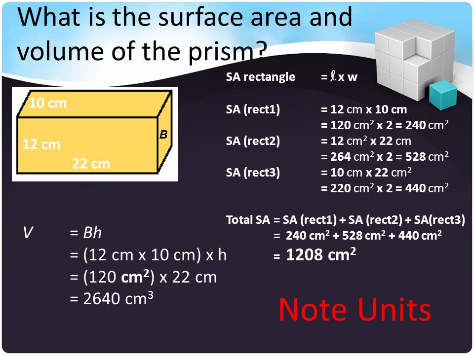 What is the surface area and volume of the prism