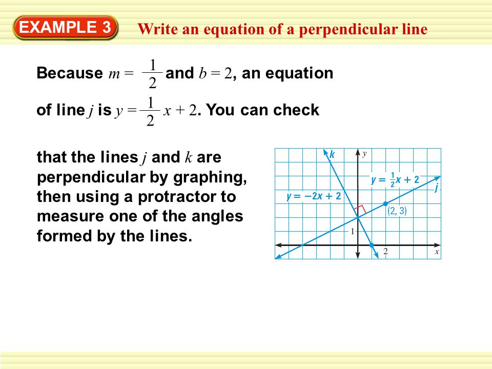 EXAMPLE 3 Write an equation of a perpendicular line. Because m = and b = 2, an equation. 1.