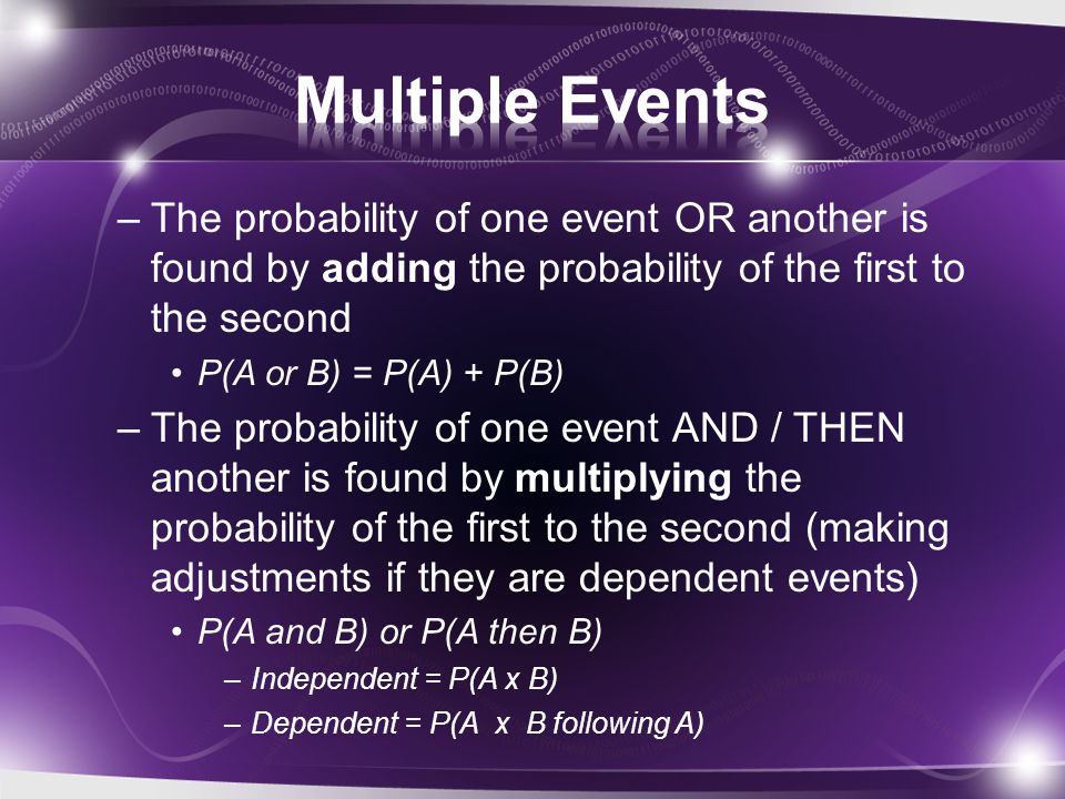 Multiple Events The probability of one event OR another is found by adding the probability of the first to the second.