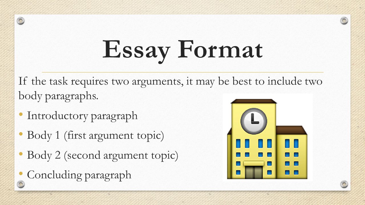 Essay Format If the task requires two arguments, it may be best to include two body paragraphs. Introductory paragraph.
