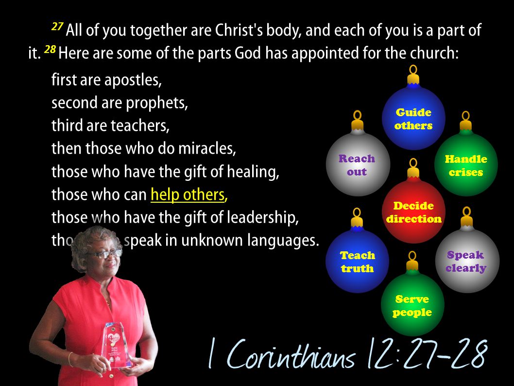 27 All of you together are Christ s body, and each of you is a part of it. 28 Here are some of the parts God has appointed for the church:
