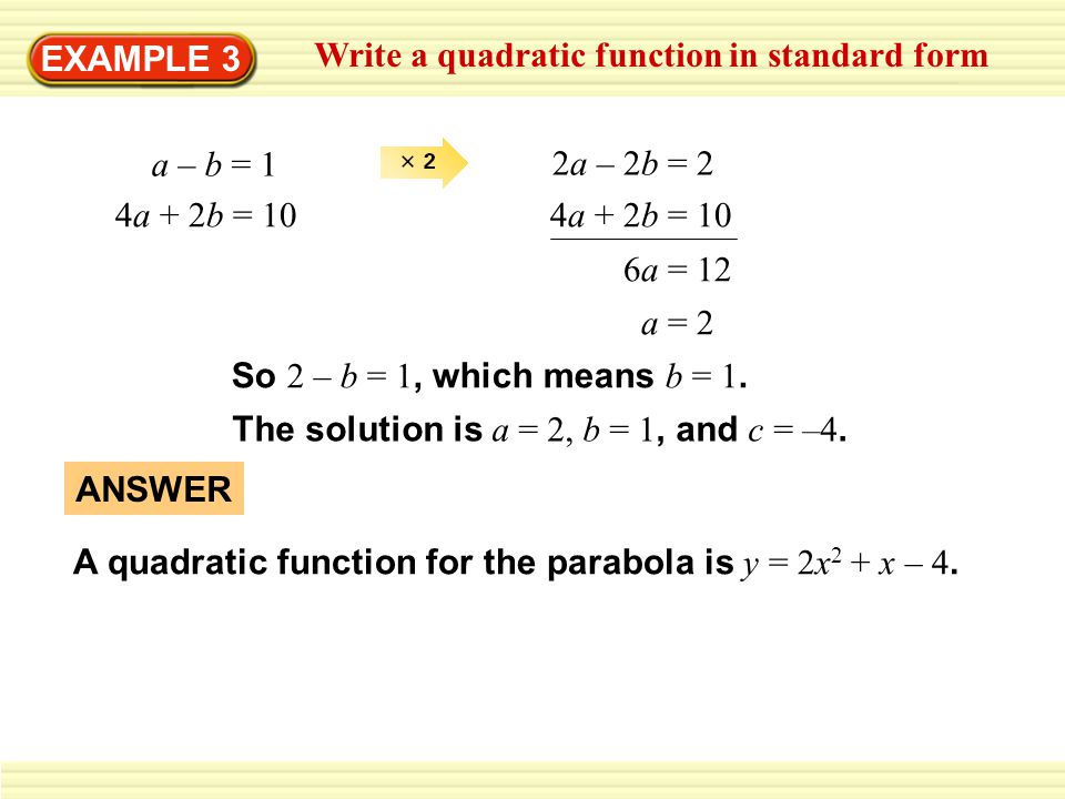 EXAMPLE 3 Write a quadratic function in standard form. a – b = 1. 2a – 2b = 2. 4a + 2b = 10. 4a + 2b = 10.