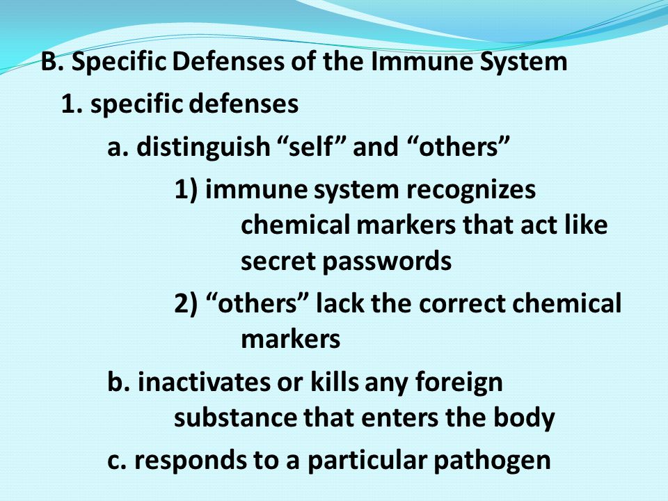 B. Specific Defenses of the Immune System 1. specific defenses a