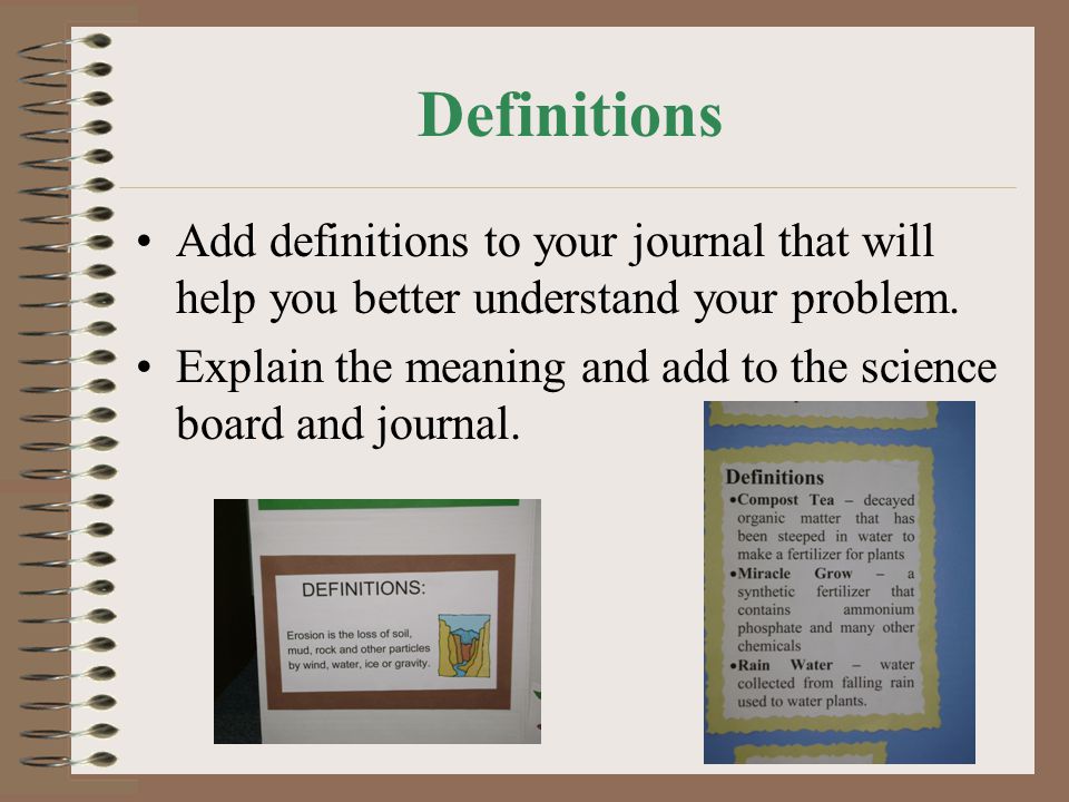 Definitions Add definitions to your journal that will help you better understand your problem.