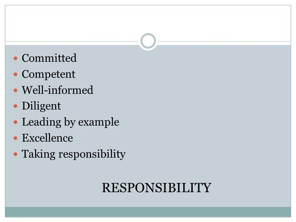 Committed Competent. Well-informed. Diligent. Leading by example. Excellence. Taking responsibility.