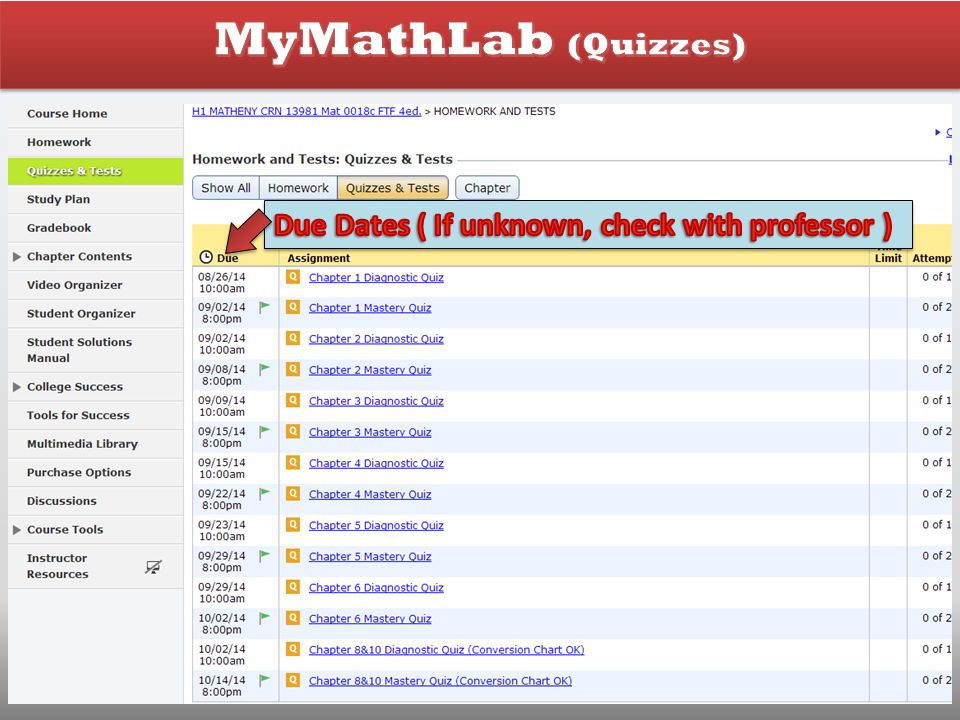 MyMathLab (Quizzes) Due Dates ( If unknown, check with professor )