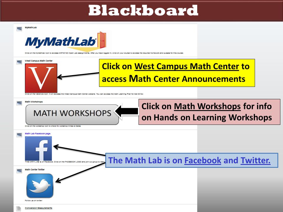 Blackboard Click on West Campus Math Center to