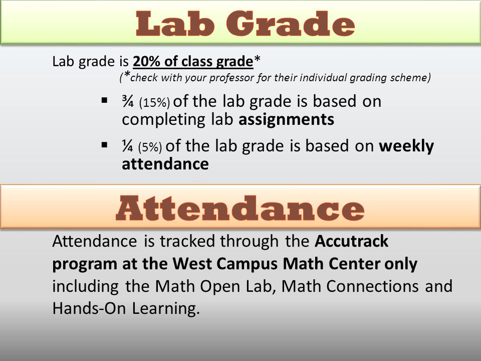 Lab Grade Attendance is tracked through the Accutrack. program at the West Campus Math Center only.