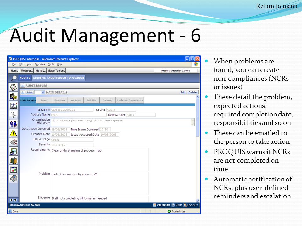 Return to menu Audit Management - 6. When problems are found, you can create non-compliances (NCRs or issues)