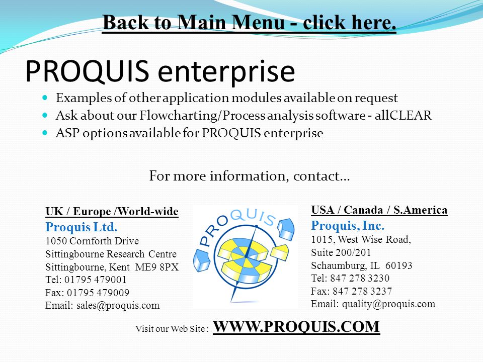 PROQUIS enterprise Back to Main Menu - click here.