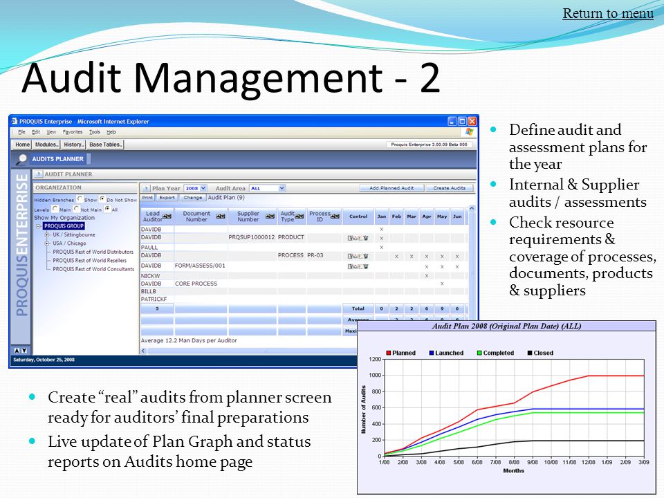 Return to menu Audit Management - 2. Define audit and assessment plans for the year. Internal & Supplier audits / assessments.