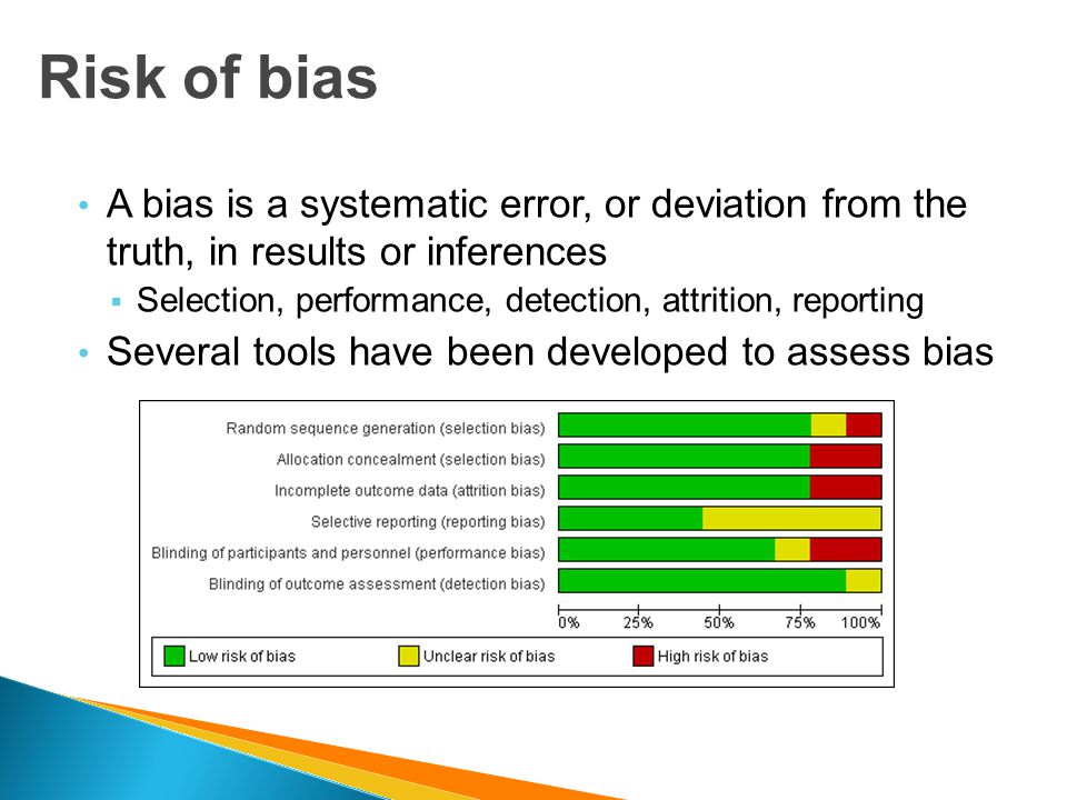 Risk of bias A bias is a systematic error, or deviation from the truth, in results or inferences.