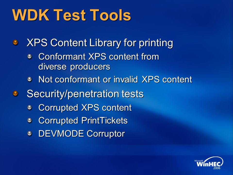 WDK Test Tools XPS Content Library for printing
