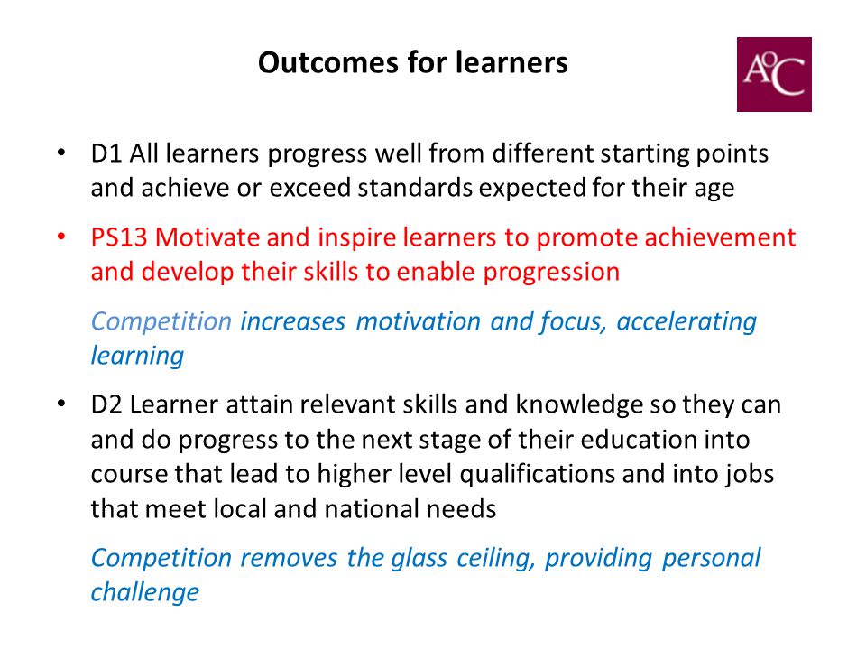 Outcomes for learners D1 All learners progress well from different starting points and achieve or exceed standards expected for their age.