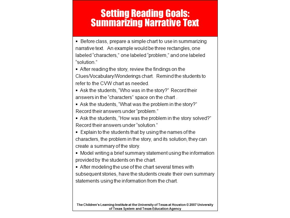 Setting Reading Goals: Summarizing Narrative Text