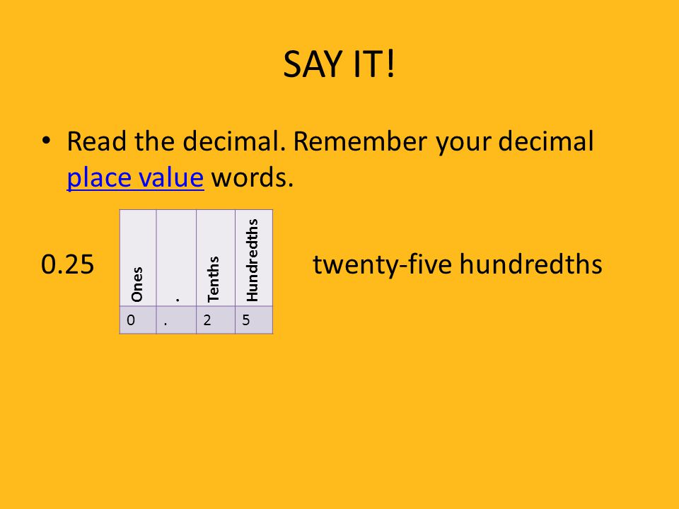 SAY IT! Read the decimal. Remember your decimal place value words.