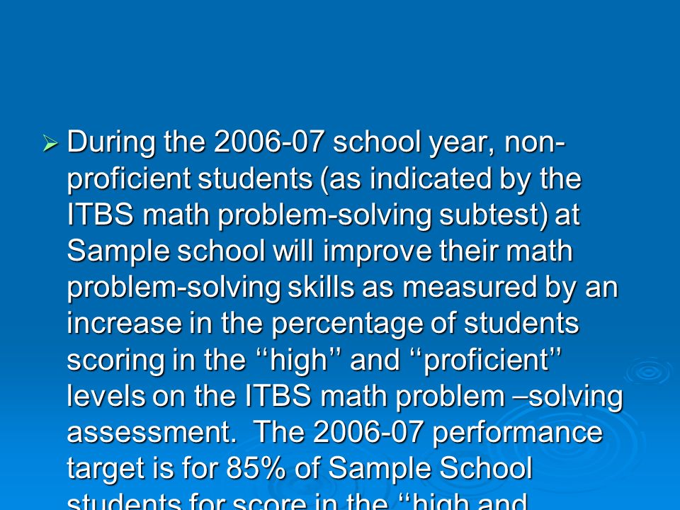 During the school year, non-proficient students (as indicated by the ITBS math problem-solving subtest) at Sample school will improve their math problem-solving skills as measured by an increase in the percentage of students scoring in the high and proficient levels on the ITBS math problem –solving assessment.