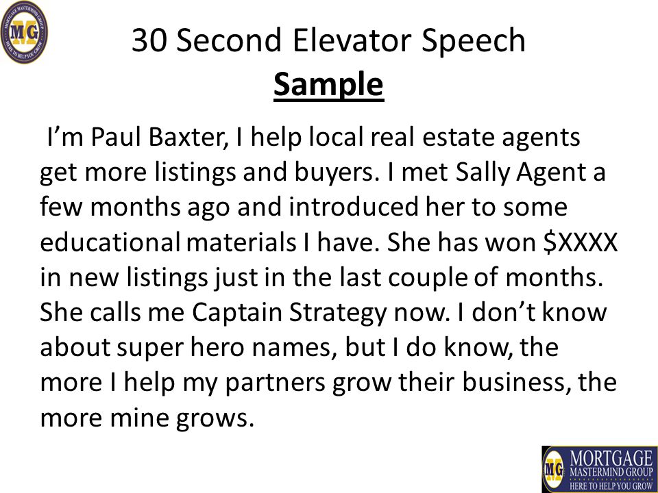 30 Second Elevator Speech Ppt Video Online Download