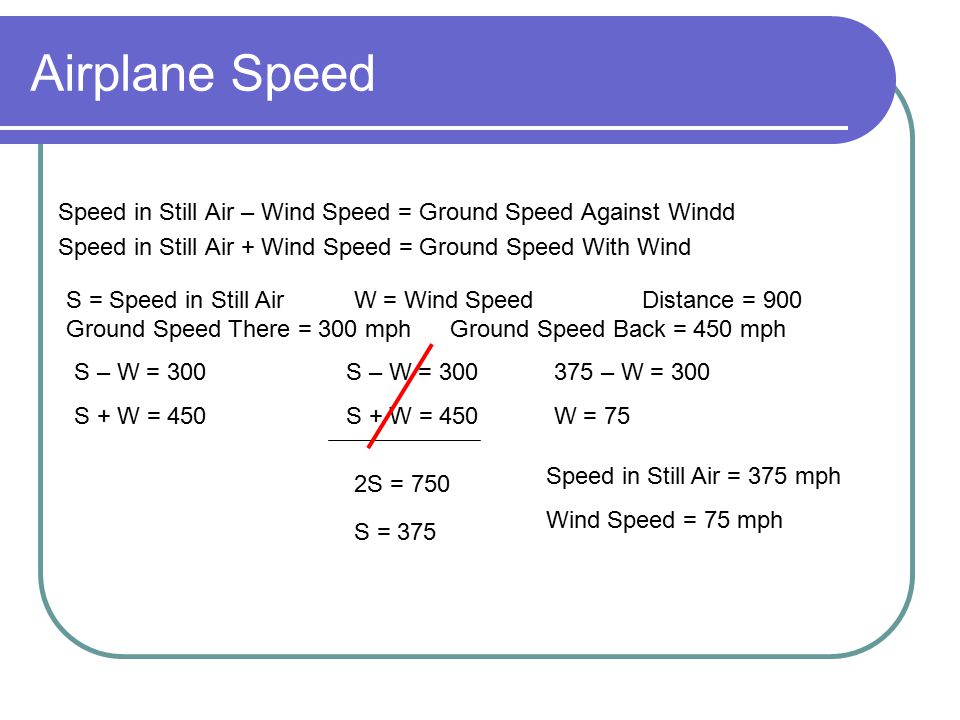 Airplane Speed Speed in Still Air – Wind Speed = Ground Speed Against Windd. Speed in Still Air + Wind Speed = Ground Speed With Wind.