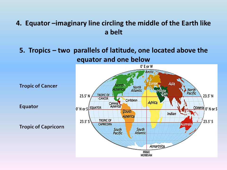4. Equator –imaginary line circling the middle of the Earth like a belt 5. Tropics – two parallels of latitude, one located above the equator and one below