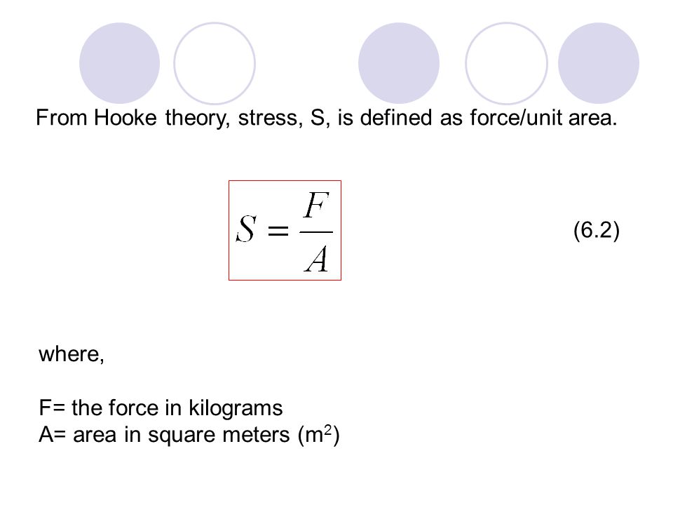 From Hooke theory, stress, S, is defined as force/unit area.