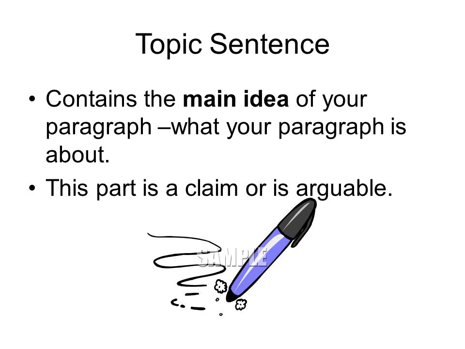 Topic Sentence Contains the main idea of your paragraph –what your paragraph is about.