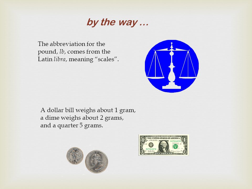 by the way … The abbreviation for the pound, lb, comes from the Latin libra, meaning scales . A dollar bill weighs about 1 gram,