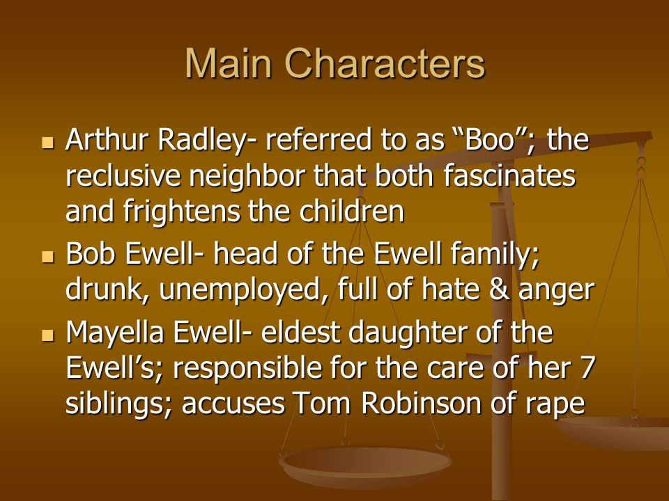 Main Characters Arthur Radley- referred to as Boo ; the reclusive neighbor that both fascinates and frightens the children.