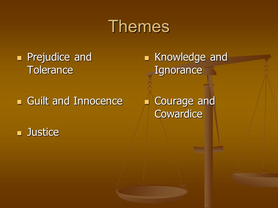 Themes Prejudice and Tolerance Guilt and Innocence Justice