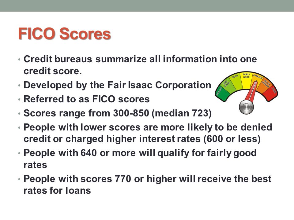 FICO Scores Credit bureaus summarize all information into one credit score. Developed by the Fair Isaac Corporation.