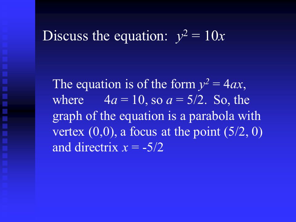 Discuss the equation: y2 = 10x