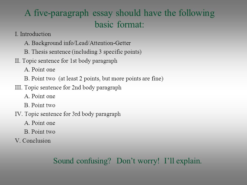 A five-paragraph essay should have the following basic format:
