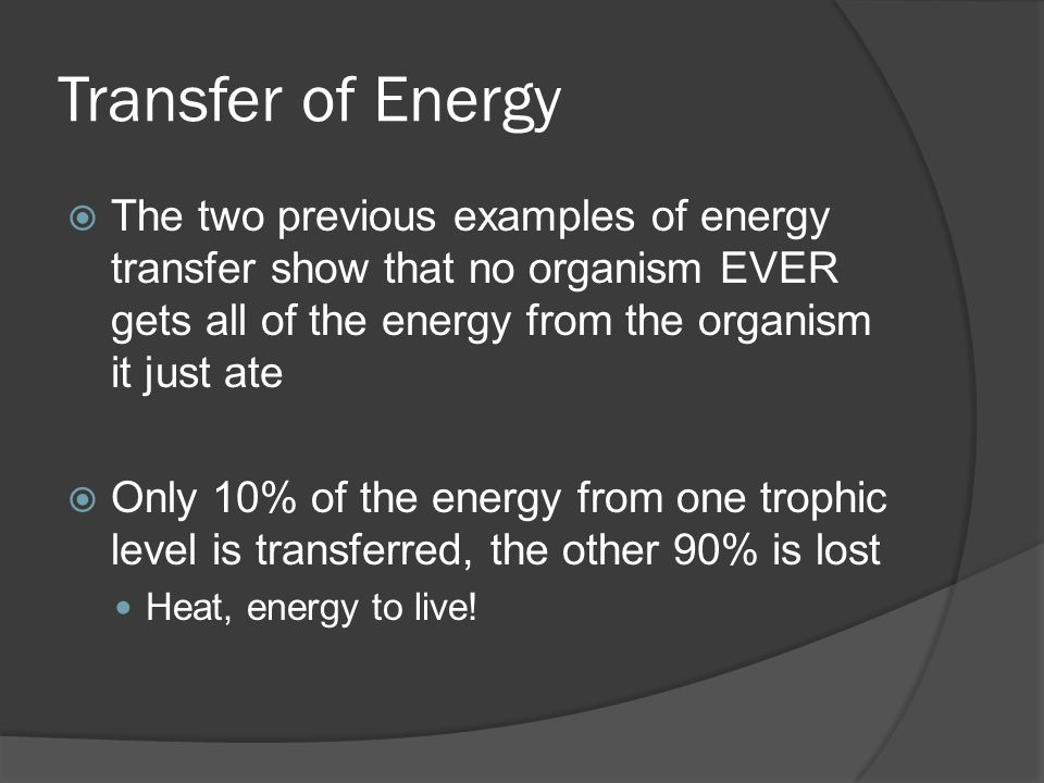 Transfer of Energy The two previous examples of energy transfer show that no organism EVER gets all of the energy from the organism it just ate.