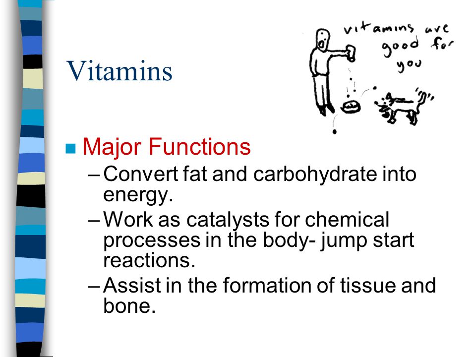 Vitamins Major Functions Convert fat and carbohydrate into energy.