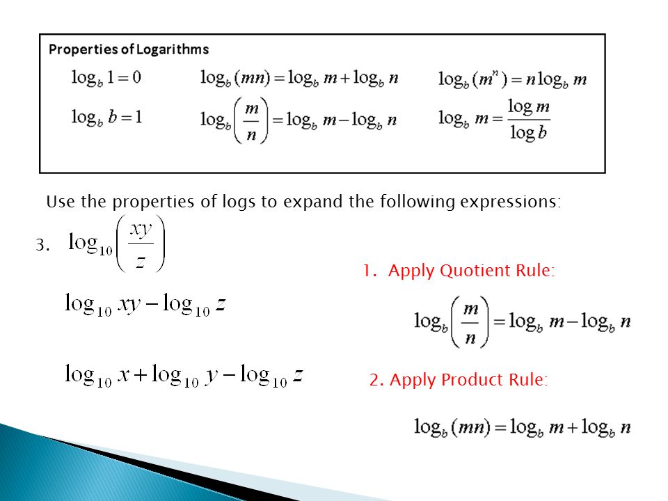 Use the properties of logs to expand the following expressions: