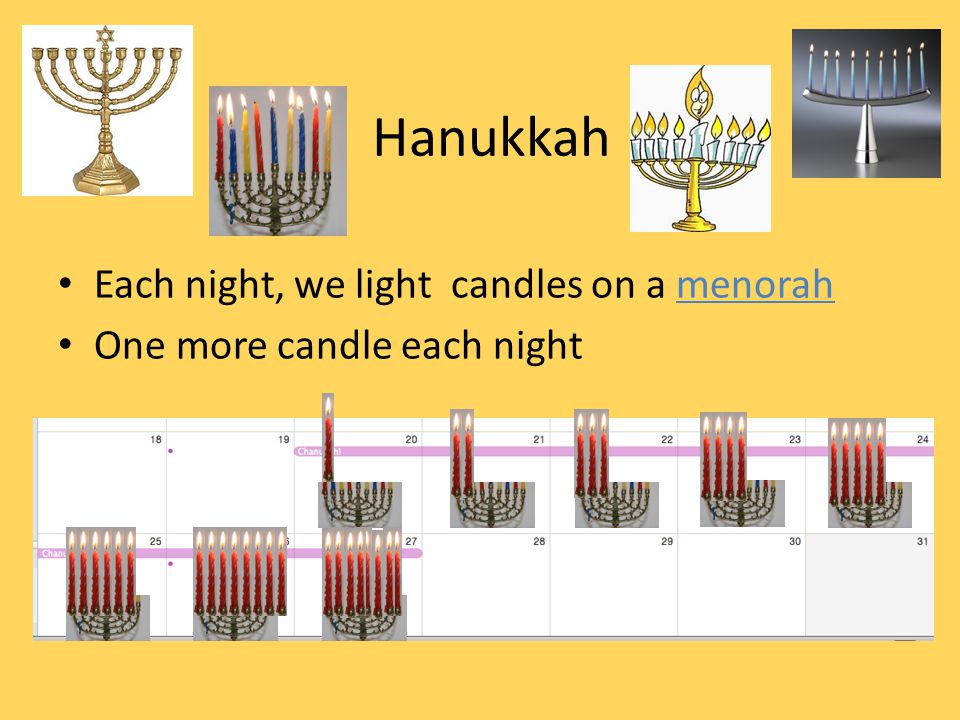 Hanukkah Each night, we light candles on a menorah