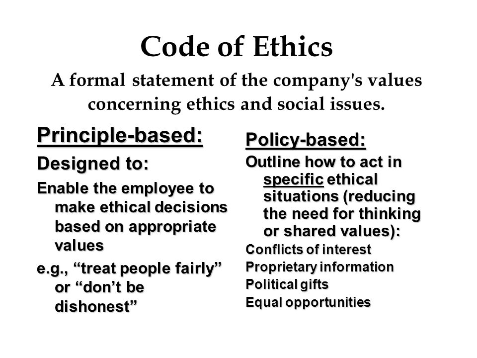 Code of Ethics A formal statement of the company s values concerning ethics and social issues.