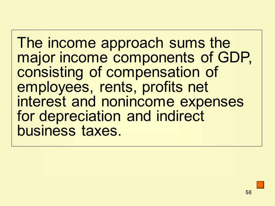 The income approach sums the major income components of GDP, consisting of compensation of employees, rents, profits net interest and nonincome expenses for depreciation and indirect business taxes.