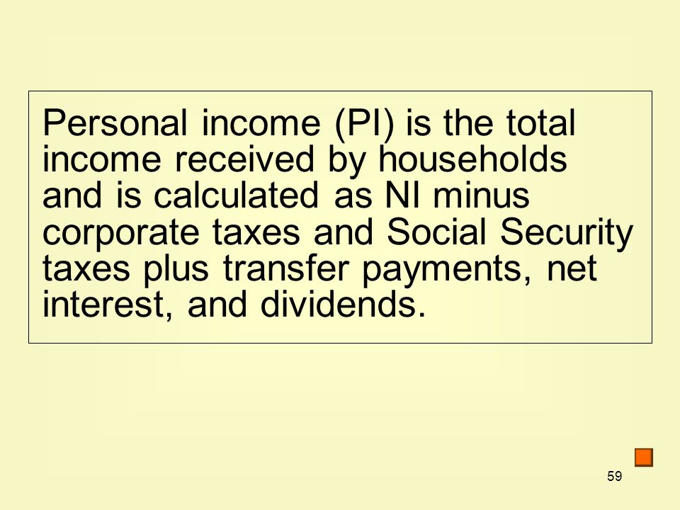Personal income (PI) is the total income received by households and is calculated as NI minus corporate taxes and Social Security taxes plus transfer payments, net interest, and dividends.