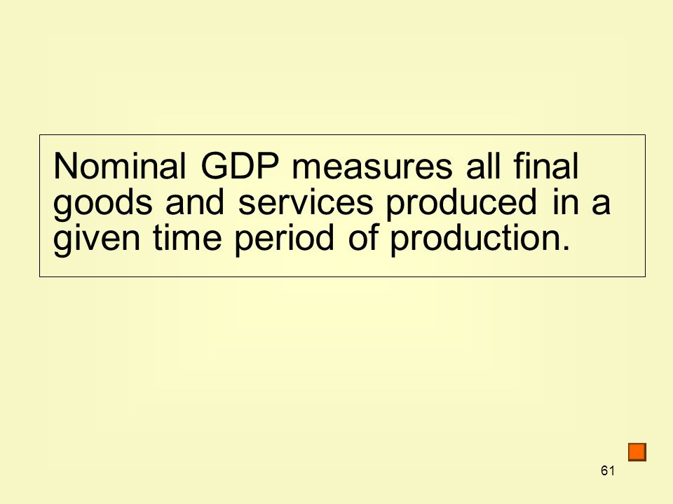 Nominal GDP measures all final goods and services produced in a given time period of production.