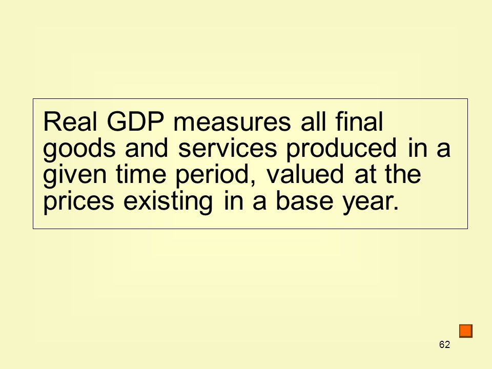 Real GDP measures all final goods and services produced in a given time period, valued at the prices existing in a base year.