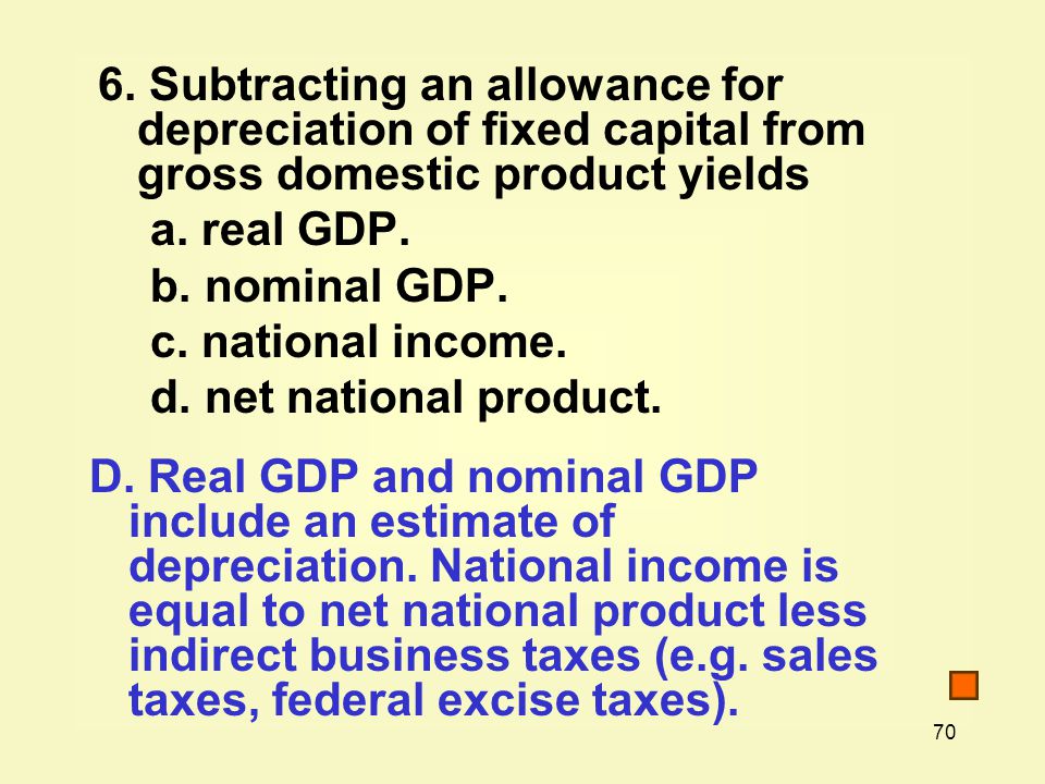 6. Subtracting an allowance for depreciation of fixed capital from gross domestic product yields
