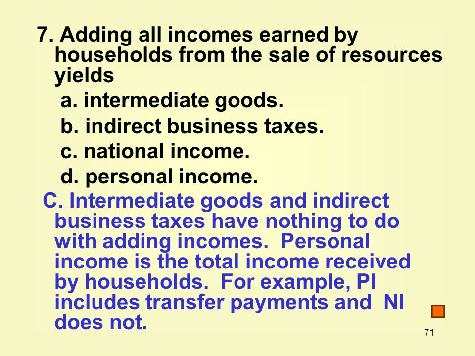 7. Adding all incomes earned by households from the sale of resources yields