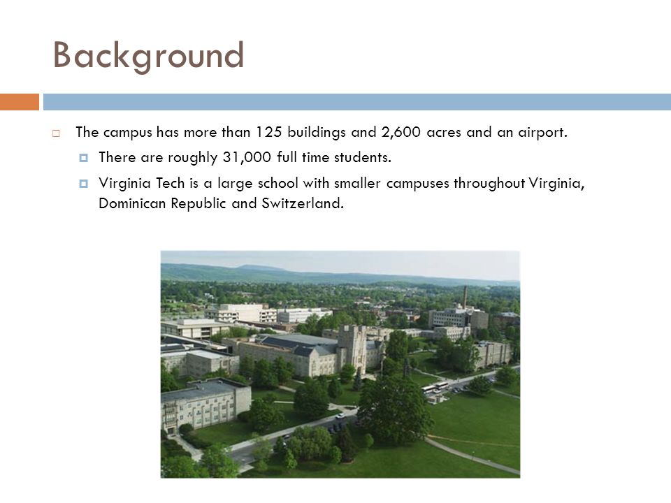 Background The campus has more than 125 buildings and 2,600 acres and an airport. There are roughly 31,000 full time students.