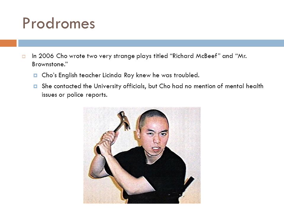 Prodromes In 2006 Cho wrote two very strange plays titled Richard McBeef and Mr. Brownstone.