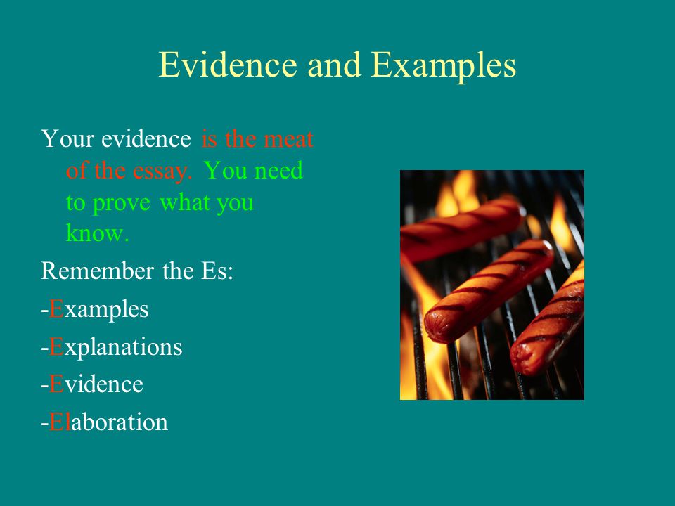 Evidence and Examples Your evidence is the meat of the essay. You need to prove what you know. Remember the Es: