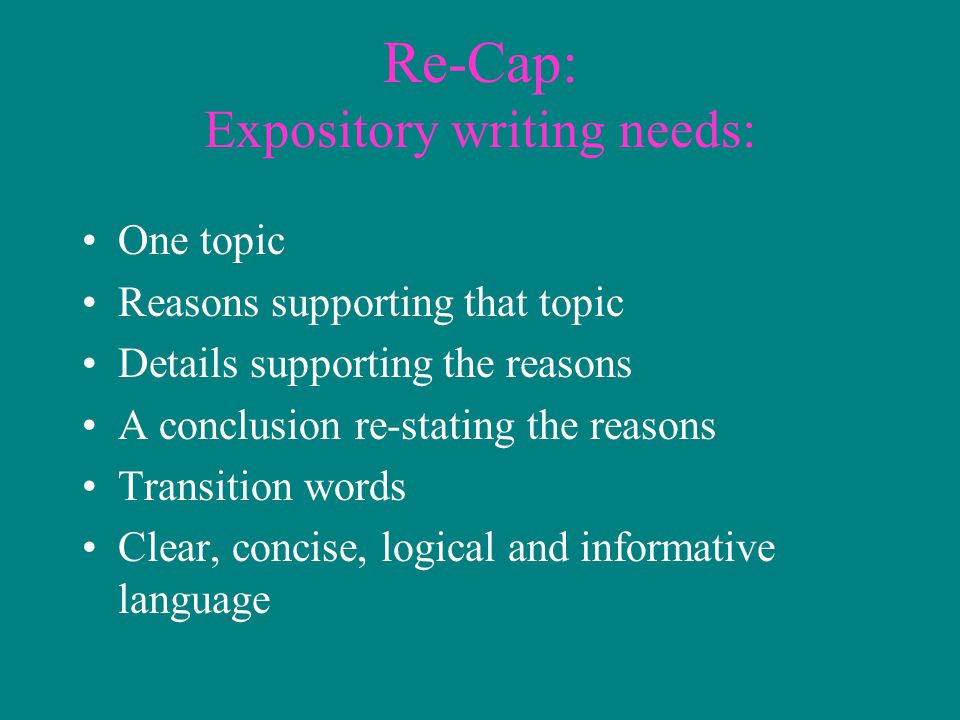 Re-Cap: Expository writing needs: