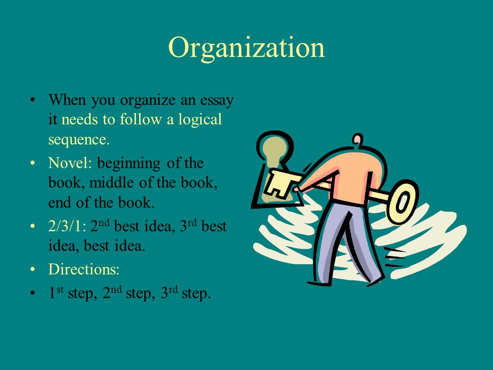 Organization When you organize an essay it needs to follow a logical sequence. Novel: beginning of the book, middle of the book, end of the book.