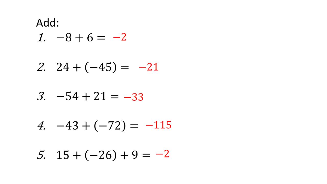 Add: −8+6= 24+ −45 = −54+21= −43+ −72 = 15+ −26 +9= −2 −21 −33 −115 −2